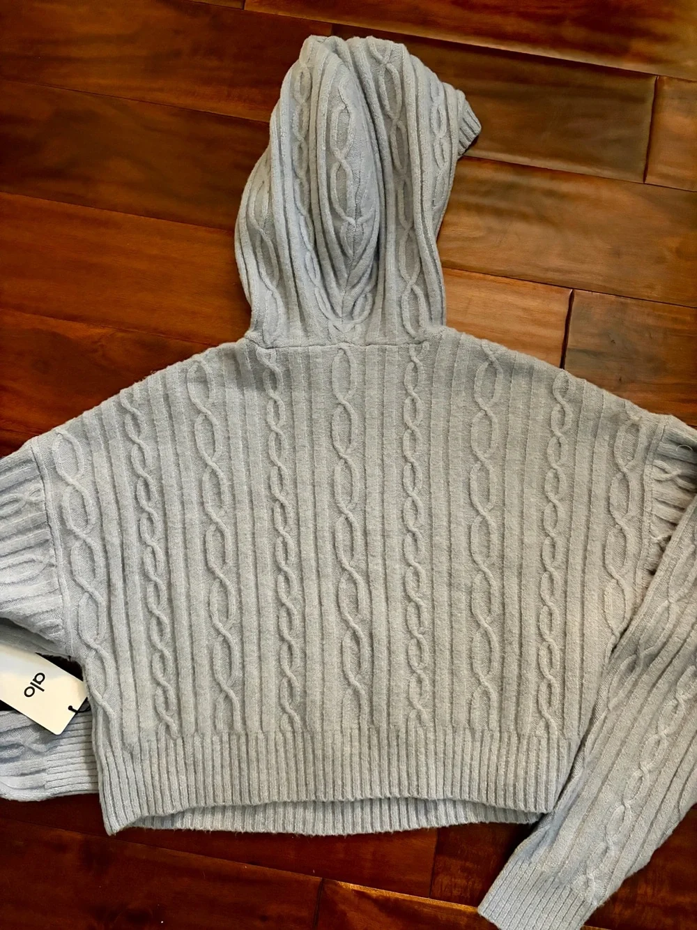 ALO Yoga Light Blue Cable-Knit Hooded Sweater